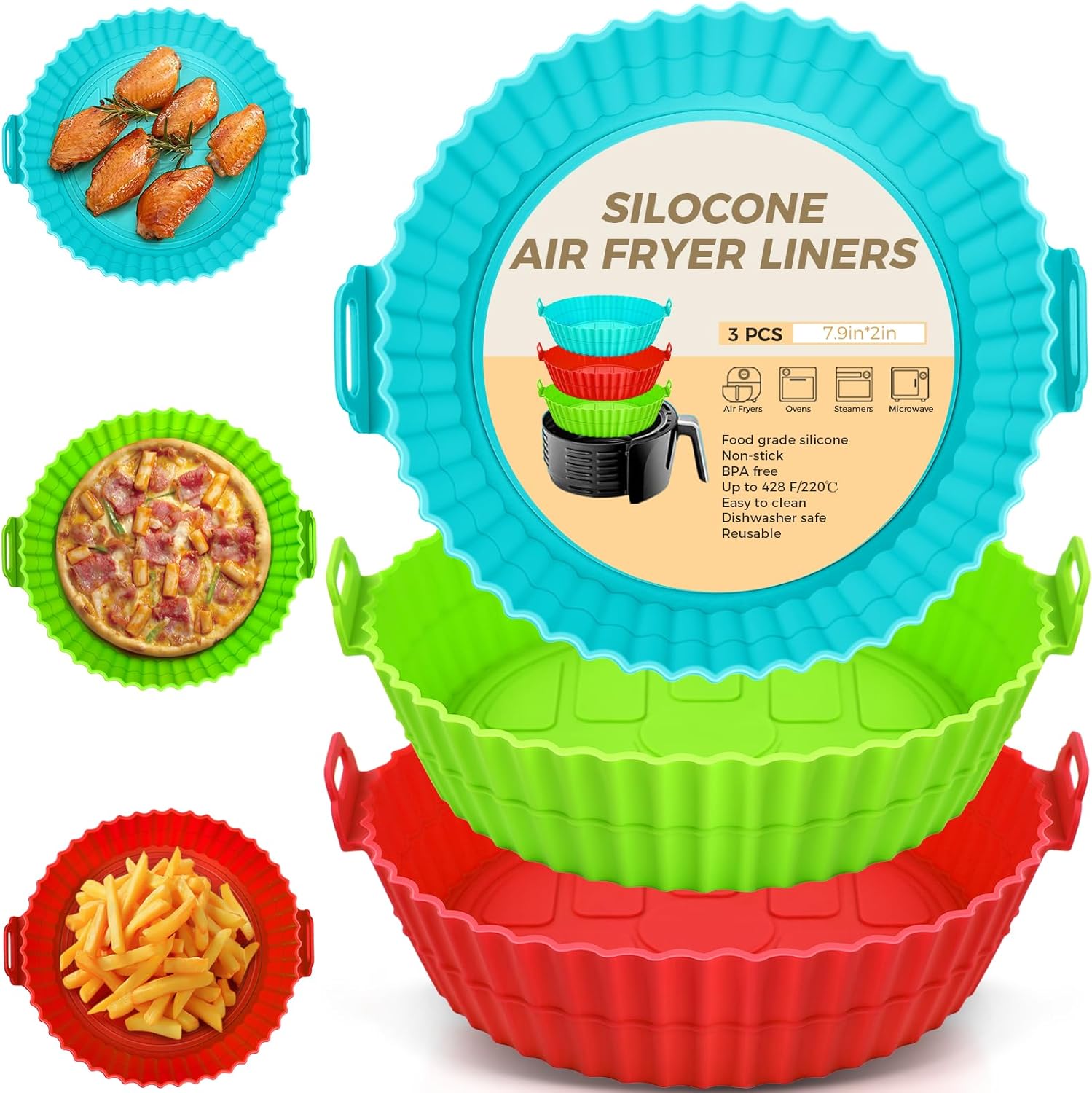 Buauty 3 Pack Air Fryer Silicone Liners 8inch